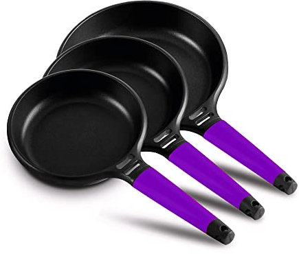 CASTEY - Juego de Sartenes de Fundix, Modelo F15-K2, Medidas 20, 24 y 28 cm, Color Violeta, Antiadherente, Sin PFOA, Ligera y Maniobrable, Mango Ergonómico, Apto para Todas las Cocinas