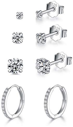 Fcebsty 925 Sterling Silber Ohrstecker Set White Gold Plated Hypoallergen Silber Post Ohrstecker Cubic Zirconia Ohrstecker für Frauen Mädchen (4 Paar)