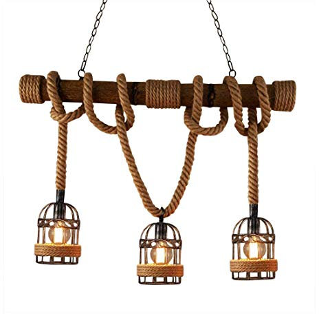 Industrielle Vintage Pendelleuchte Hängelampe Seil Anhänger Metall Eisen Lampe LED E27 Sockel mit Korb Rustikal Holz Kronleuchter für Wohnzimmer Esszimmer Café Diele Dekoration Industrielampe, L70cm