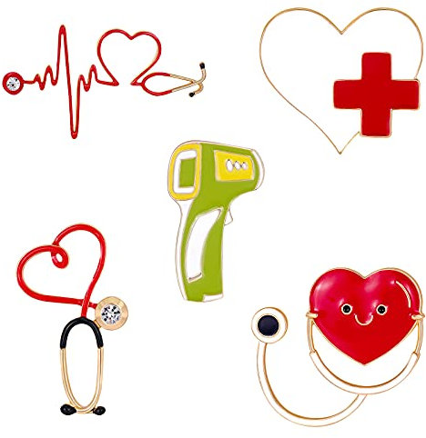 WANDIC Lot de 5 broches en émail médical en forme de cœur rouge en forme de stéthoscope, thermomètre, broche pour personnalité, médecin, étudiant