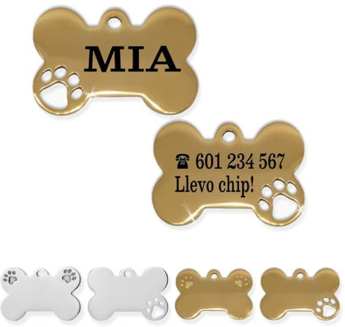 Ibera Gifts - Chapa Perro Grabada De Acero Inoxidable En Forma De Hueso, Tamaño 25 x 16 mm, Placa Perro Personalizada Para Cachorros y Mascotas Muy Pequeñas (Peq. 1 Huella)