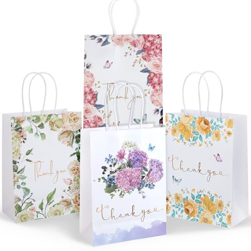 Kesote 24Pcs Small Thank You Gift Bags with Handle, White Kraft Paper Floral Design Return Gift Bags for Wedding Purchasing Baby Shower Birthday Party - 6.3 x 8.7 x 3.2’’