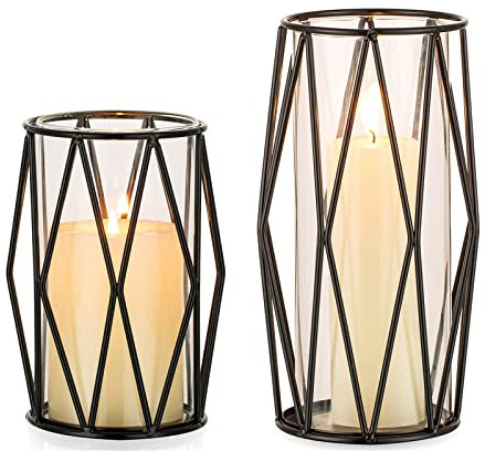 Nuptio Black Pillar Candle Holders - Glass Candles Holder with Geometric Metal Rack Stand for Wedding Birthday Party Centerpieces - Flower Vase Small Hurricane Vases for Office Living Room