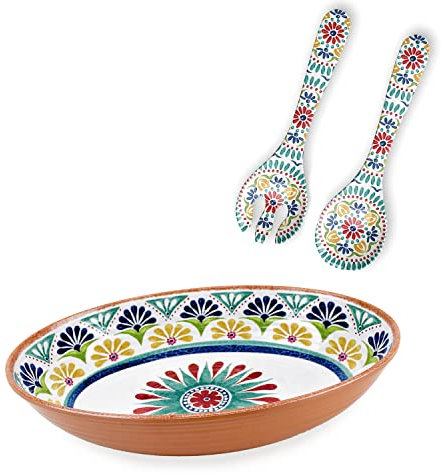 Purely Home Rio Medallion Melamine/Plastic Outdoor/BBQ/Picnic - Oval Bowl & Salad Servers Set