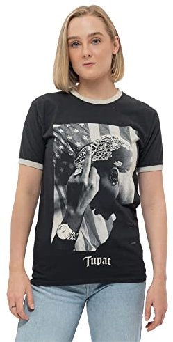 Tupac Ringer T Shirt 2PAC Flag Photo Logo Nue offiziell Unisex Schwarz XXL