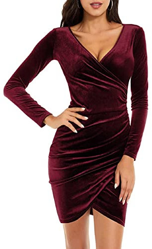 Nadeer Evening Dress Ladies Party Dresses Womens Velvet Wrap V Neck Long Sleeve Ruched Mini Dress Elegant Bodycon Cocktail Midi Dress(Wine Red,S)