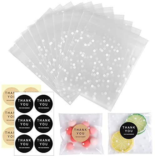 100 Stück Selbstklebende Süssigkeiten Tüte, 10 x 10 cm Kekstüten Transparent Weiße Tupfen, Geschenktüten Transparent mit 100 Dankeschön-tags für Halloween Weihnachtsfeier Süßigkeiten Schokoladen