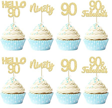 Gyufise 24Pcs 90th Birthday Cupcake Toppers Gold Glitter Hello 90 Cake Topper Ninety 90 & Fabulous Cupcake Picks 90th Birthday Cake Decorations Supplies