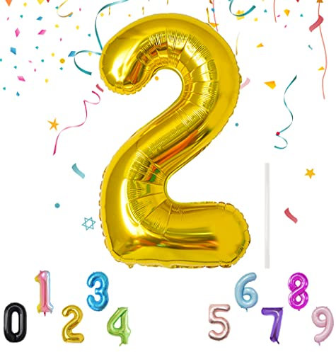 Luftballon mit Strohhalm 100cm-40 XXL Riesen Folienballon für Geburtstagsdeko Jubiläum, Helium Zahlenballon für Deko zum Party, Wiederverwendbare Folienballons - Gold Zahlen 2 Luftballon