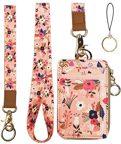 Schlüsselband mit Brieftasche, Reißverschluss-Ausweishülle mit Schlüsselband, Ausweishalter, Schlüsselband, Brieftasche für Frauen, Brieftasche, Ausweishülle mit Schlüsselband (rosa Blumen)