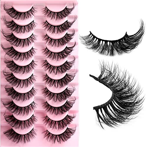 Faux Cils 10 Paires 8D Faux Vison D Curl Cils Naturel Cat Eye Lashes Duveteux Doux Volume Fox Eye Lashes Professionnels épais Réutilisables Dramatiques Noir Faux Cils (HLY04)