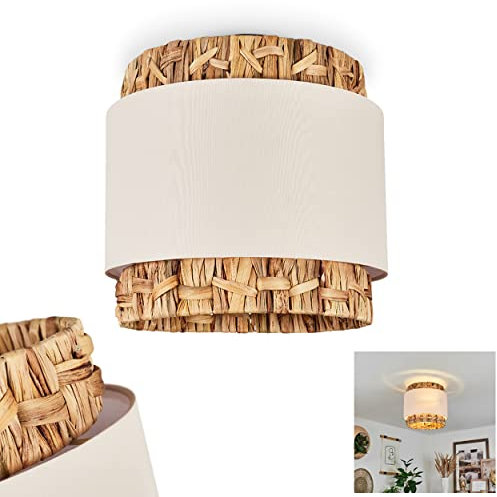 Deckenleuchte Marieux, Deckenlampe aus Metall/Korbgeflecht/Stoff in Schwarz/Natur/Weiß, Leuchte im Boho-Design mit Schirm aus Stoff (Ø 35 cm) u. Lichteffekt, 2-flammig, 2 x E27, ohne Leuchtmittel