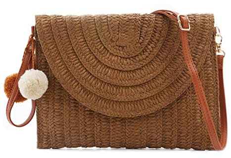 Aphoraeny Straw Crossbody Bags for Women Straw Clutch Bag Straw Beach Bag Straw Purse Summer Handbag Straw Envelope Wallet, Dark Brown