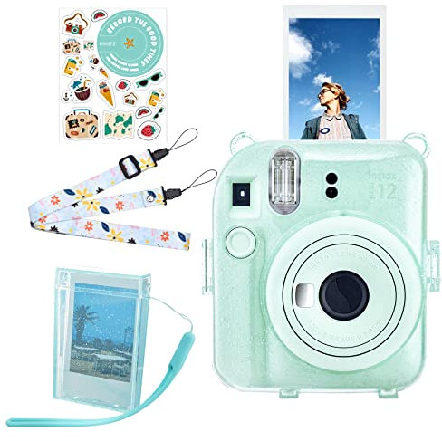HIYQIN Great Glitter Clear Case with Portable Photo Box Compatible with Fujifilm Instax Mini 12, Instant Mini 12 Case with Accessories - Glitter Green