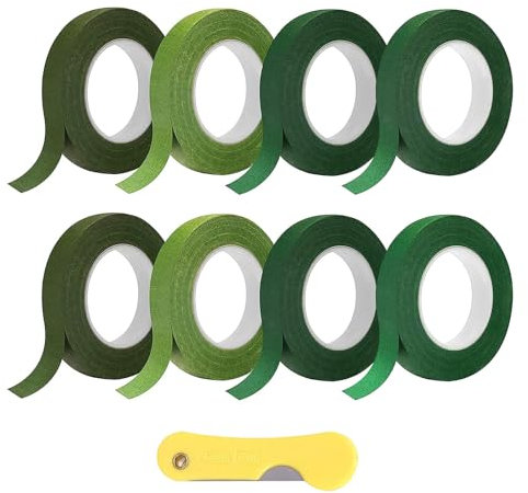 Kit d'arrangement floral,Ruban de Fleuriste, Floral Ruban Adhésif,8 Rouleaux de papier floral,Tiges Rubans de Fleuriste Bande,outils d'arrangement floral,vert foncé,27M (9)