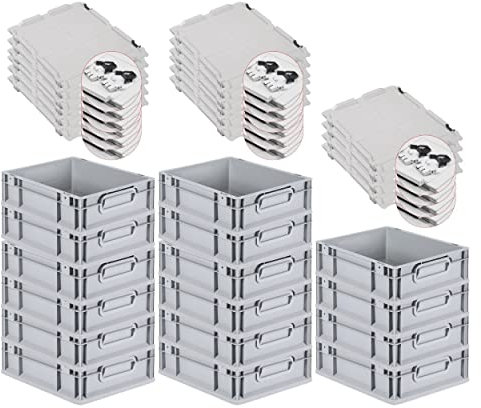 PROREGAL SuperSparSet 16x Eurobox NextGen Grip mit Scharnierdeckel und schwarzen Schiebeschnappverschlüssen, HxBxT 12x30x40cm, 11 L, Grau, Griffe geschlossen, Eurobehälter, Transportbox