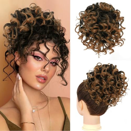 RUWISS Messy Bun Kurze Lockige Pferdeschwanzverlängerung Elastischer Kordelzug Lose Haare Bun Haarteile für Frauen Updo Haarverlängerung (80g Schwarz Mix Braun Ombre)
