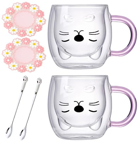 Arawat 2 Set Katzen Tasse Glas Doppelwandige Gläser Katze mit Pink Henkel Kaffeetasse mit Löffel & Untersetzer Kaffeebecher Tassen Katze Gläser Teetasse Geburtstag Geschenk für Frauen Freundin