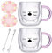 Arawat 2 Set Katzen Tasse Glas Doppelwandige Gläser Katze mit Pink Henkel Kaffeetasse mit Löffel & Untersetzer Kaffeebecher Tassen Katze Gläser Teetasse Geburtstag Geschenk für Frauen Freundin