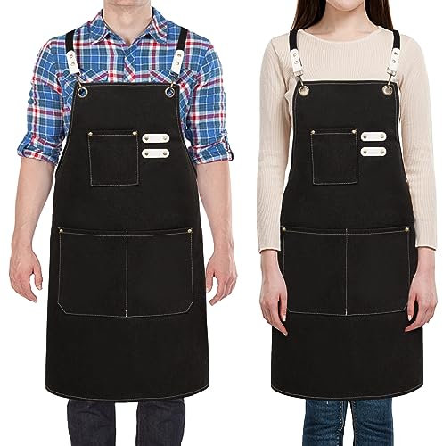 Jowcud Schürzen für Damen mit Taschen, Kochschürze für Herren, Baumwollleinen, wasserdicht, Kreuzrückenschürze für die Küche, Schwarz, Small