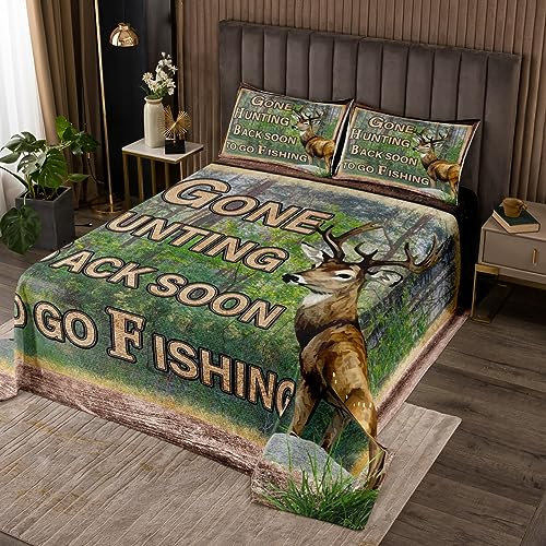 Wilde Tiere Jagd Kinder Tagesdecke S Größe,Go Angeln See Haus Bettwäsche Set,Jungen Mädchen Zimmer Dekor,Hirsch Kiefern Bäume Rustikale Bauernhaus Tröster Set,Retro Quilt Coverlet,1 Kissenbezug