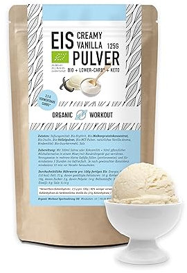 Lower-Carb* Vanille Eis Mix - Cremiges Eis mit Erythrit gesüsst, bio, ohne Zucker-Zusatz nur 2,5 g verwertbare Kohlenhydrate - keto ohne Maltit - glutenfrei, bio - 125 g, Organic Workout