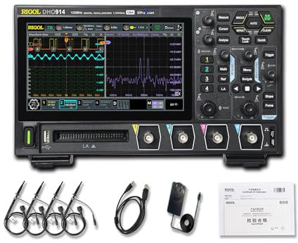 RIGOL Osciloscopio,DHO914 Osciloscopio Digital Portatil,125MHz,4A+16D canales,Resolución 12 bits,Pantalla táctil HD 7,Compatible con batería externa,Para pruebas en campo y enseñanza en laboratorio