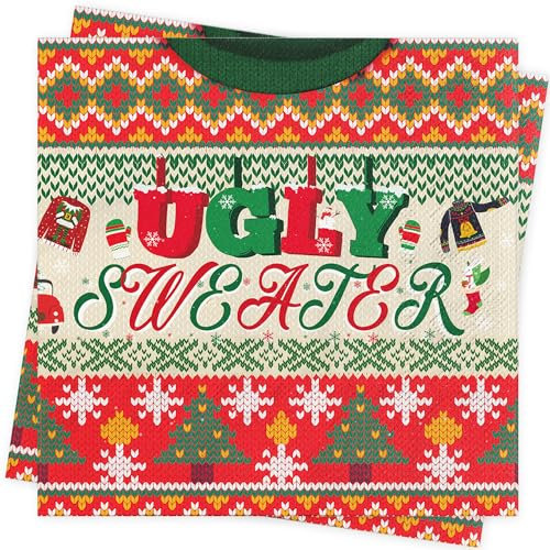 AFYHH Servietten Weihnachten Deko 40Stück Servietten Ugly Sweater Rot Tischdeko Weihnachten Serviette Geburtstag Merry Christmas Napkins Weihnachts Tischdeko Papierservietten 33x33cm
