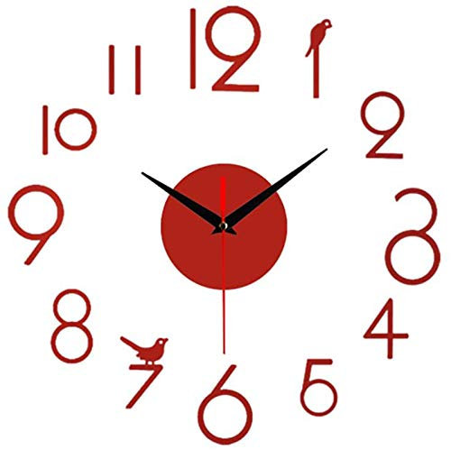 Knadgbft Reloj de pared DIY sin marco, moderno reloj de pared con espejo 3D, números romanos, superficie de reloj adhesivo de pared, reloj rojo