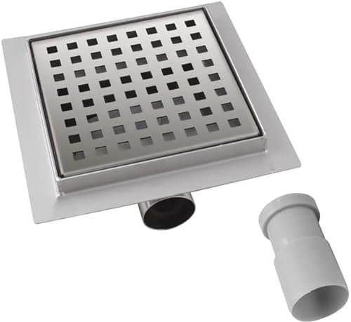 MCH Duschablauf - Badablauf - Bodenablauf in Edelstahl-150x150mm-DN50 - Siphon mit Geruchsstop (Abdeckrost Edelstahl gebürstet gelocht)
