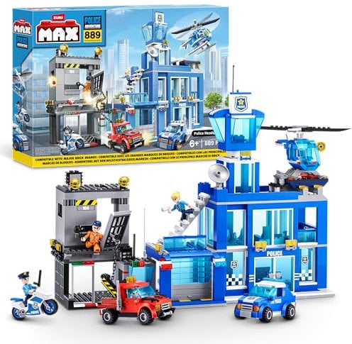 Set giocattolo a sorpresa Centrale di polizia MAX Adventure (889 pezzi) con mattoncini da costruzione adatti a bambini dai 5 anni in su per creare veicoli e molto altro