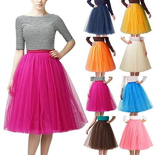 Tüllrock Damen Lang 50Er Tutu Petticoat Hoch Taillie Stufendecke A Linien Karneval Partykleid Unterrock Mesh Ballett Tanzrock Faltenrock Heißes Rosa
