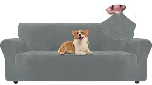 Ystyle Samt Sofabezug 3 Sitzer, Stretch Sofa Überzug, Sofaschoner rutschfest, Elastischer Couch Überzug, Sofa Cover Mit Armlehnen, Couchüberzüge Sofaschutz Katze Couch Überwurf, Hellgrau