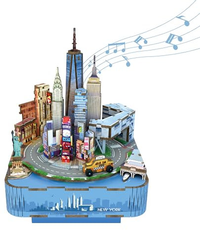 Tonecheer Spieluhr Holz 3D Puzzle, DIY Modellbausatz für Erwachsene, Drehbare Musikbox, Holzpuzzle Geschenke zur Hausdekoration Geschenk für Geburtstag Weihnachten Teenage(Modernes New York)