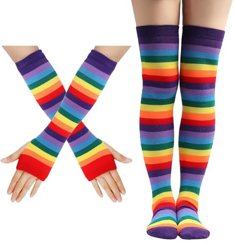 LEOEASIY Regenbogen Kniestrümpfe und Armstulpen Set, Bunte Oberschenkel Hohe Socken, Streifen Arm Wärmer Socken Fingerlose Handschuhe Hülsen-Set für Damen Mädchen Karneval Cosplay Party Kostüm Zubehör