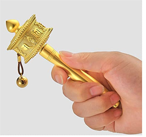 UIONBUN Tibetische Gebetsmühle, buddhistische Handgebetsmühle, Handgebetsmühle mit Holzgriff for Beten, Segen, Meditation, Yoga (Farbe: Gold, Größe: Klein) (Farbe: Gold, S