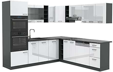 Vicco Eckküche R-Line, Weiß Hochglanz/Anthrazit, 237 x 247 cm, AP Anthrazit