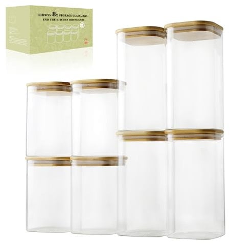 LIBWYS 8er Set Vorratsgläser mit Bamboos Deckel Eckig Vorratsdose Glas - in 2 Größen: 1150 ml; 1580 ml - 8pcs Plus Edition