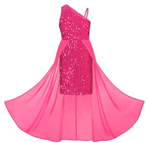 GRACE KARIN Robe à Paillettes pour Filles Asymétrique sans Manches et Une épaule Robe de Princesse Trapèze Rose Rouge 8 Ans