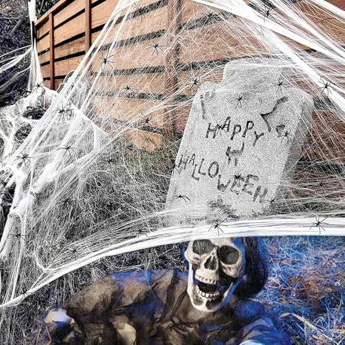 Tela de Araña Halloween Decoracion Casa, 200g Elásticas Telarañas Blanca con 50 Arañas Falsas,Decoración de Telaraña Halloween Exterior/Interior para Grandes, Carnaval, Jardín, Casa Embrujada