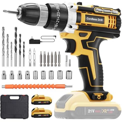 blayram Cordless Drill Set, 21V Cordless Hammer Drill with 2 Batteries 1500mAh, 2 Speed, LED Light, 3/8'' Keyless Chuck, 24PCS Electric Drill Set for Home and Garden DIY Project