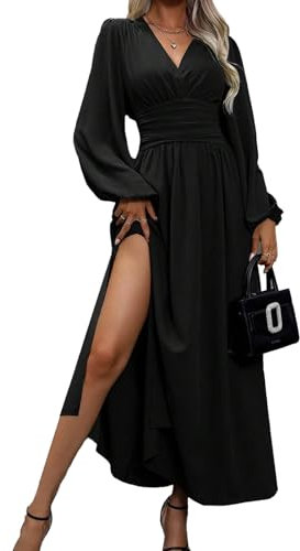 LUVCES Robe Femme Elegante Col en V Taille Haute Robe Longue Plissée Manches Lanternes Fente Latérale Froncée Robes Longue de Cocktail Soirée Party Noir M