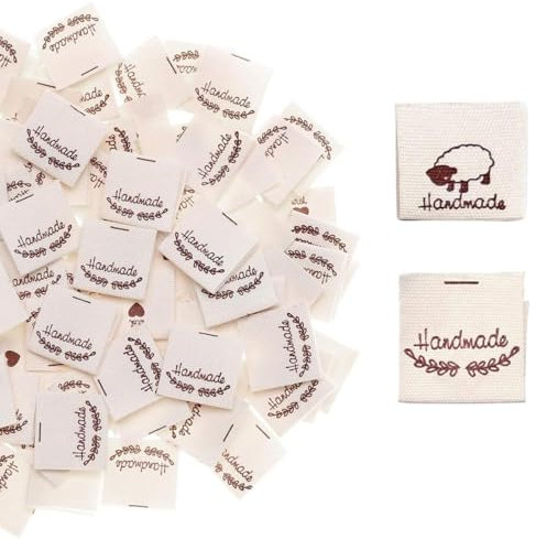 WeddHuis 100 Stücke Handmade Stoffetiketten, Handmade Label zum Annähen, Stoffetiketten Textiletiketten für Klediung, Handarbeit Etiketten Tags zum Nähen für DIY Klediung Näharbeit