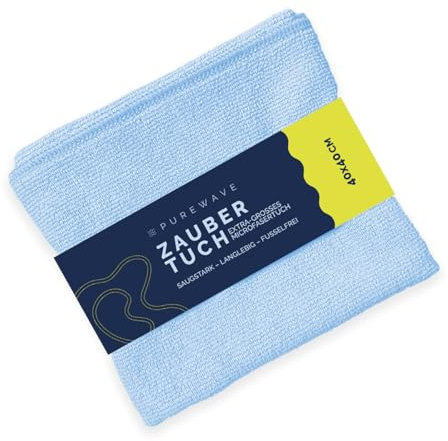 purewave Zaubertuch – Hochwertiges Mikrofasertuch für streifenfreie Reinigung, ideal für Fenster, Spiegel & Oberflächen, waschbar und wiederverwendbar, umweltfreundlich, Hellblau (1 Pack)