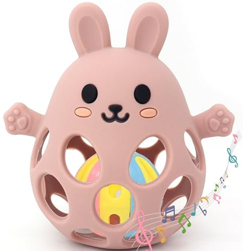 Greifball Für Babys-Verbesserter Rasselball Montessori Spielzeug Baby，Zahnungshilfe Baby -BPA Frei Beißspielzeug Geschenk Für Babys Von 3-18 Monaten(Hellrosa, Hase)