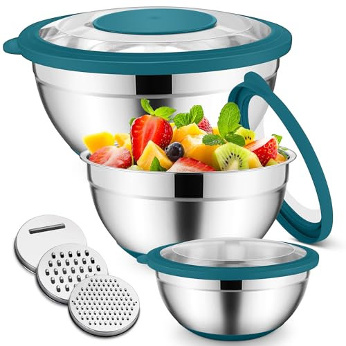 HaWare Rührschüssel 3er Set, Edelstahl Schüssel Salatschüssel Set mit Transparenter Luftdichtem Deckel und Rutschfester Silikonboden & 3 Reibenaufsätzen, 4,6L/2,5L/0,7L, Spülmaschinenfest, Blau