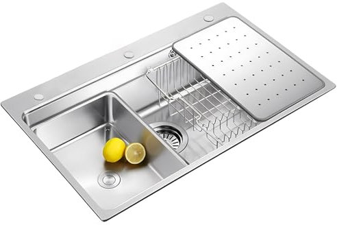 Fregadero Multifunción De Acero Inoxidable 304 Hecho A Mano, Fregadero De Cocina Grande De Un Solo Tazón, Instalación Empotrada O Sobre Encimera Con Lavabo Extraíble(80x50x21.5cm)