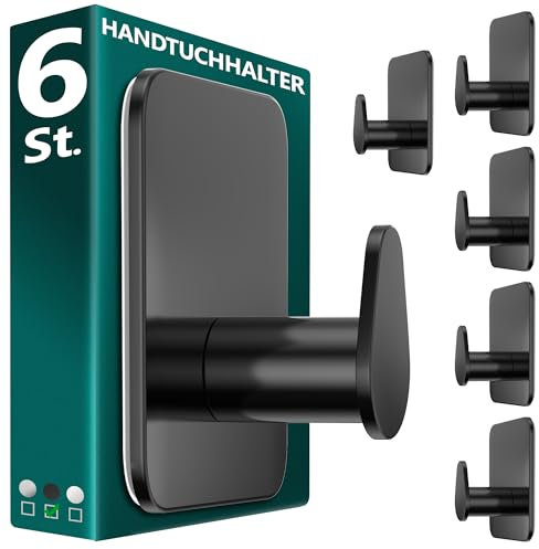 Menz Portasciugamani senza foratura, colore nero, 6 pezzi – Robusto portasciugamani da bagno con gancio adesivo ovale, gancio per bagno, gancio autoadesivo, ideale come gancio funzionale per