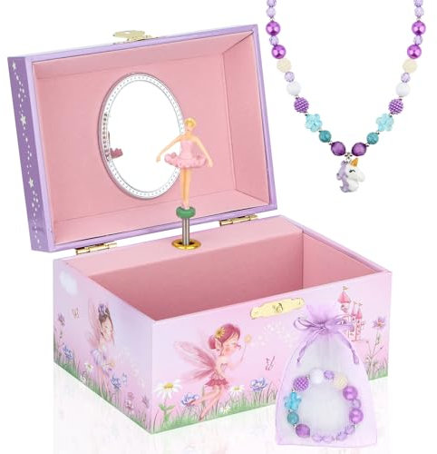 Anyiner Schmuckschatulle mit Spieluhr, Kinder-Schmuckkästchen Musikkästchen mit sich drehenden Ballerina, Schmuckkästchen Mädchen Geburtstagsgeschenk für Kinder (Groß Blumige Fee)