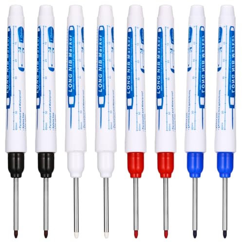 Ptwola 8 Pcs Long Head Deep Hole Markers Permanent Drill Marker Pen 30mm Reach Waterproof Fine Point Nib Tip Markers Colorful Ink Carpenter Marking Tool for Construction Bathroom Woodworking